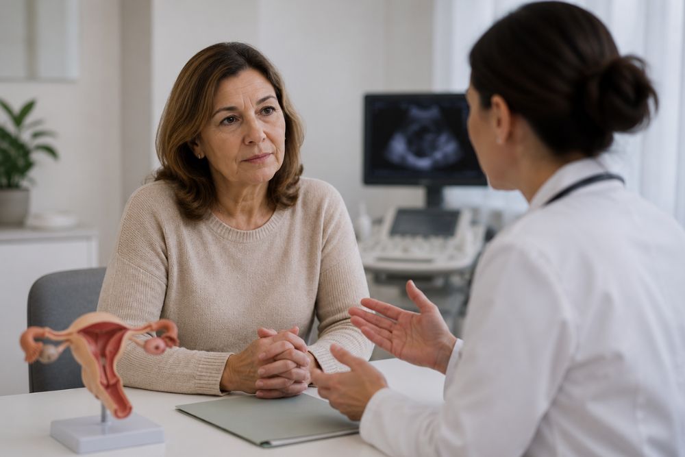 Mulher numa consulta de ginecologia sobre atrofia endometrial pós-menopausa.